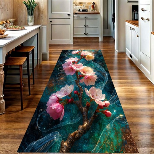 Teal Cherry Blossom Runner Rug: Japanese Floral Hallway Carpet, Non-slip Machine-washable - Etsy