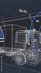 Animation of speedometer, gps and charge status data on vehicle interface, over 3d truck model