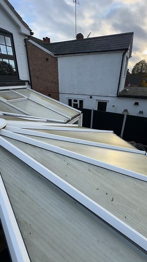 Half way through replacing the old polycarbonate with new Ambi Blue glass panes and white thermal panels. Warmer in the winter and cooler in the summer, win win ! An affordable option to upgrade your existing conservatory and get a full conservatory valet included. | Tiptree Conservatories Ltd