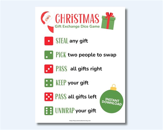 Christmas Gift Exchange Dice Game Printable: Office Party, Family Reunion, Friendsmas Group Game for Adults & Kids, Instant Download PDF - Etsy