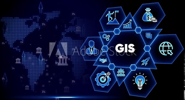 Geographic Information System GIS concept with icons and world map digital background technology data