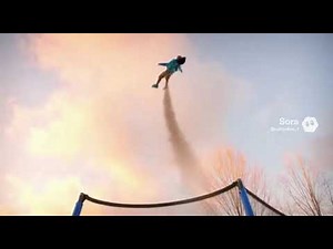 two children jumping on trampoline and one kid gets explosive diarrhea and flies off