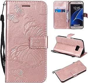 Emboss Butterfly Wallet Case for Samsung S7,Wrist Strap,Flip PU Leather Magnetic Closure,Card Slots,Kickstand Function (Rose Glod)