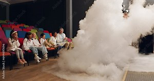 Wow, applause of teacher and science kids learning in kindergarten together. Clapping, scientist shock and group of students in chemistry experiment for smoke, education and surprise to study in lab