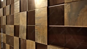 Golden square blocks background . Abstract 3D Golden Metal Cubes . Wall with gold, copper or metallic tile, boxes . Shot on RED DRAGON Cinema camera .
