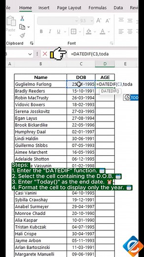 🎂⏳📅 Calculate age using the DATEDIF function in Excel! 💡💻 The DATEDIF function in Excel is a handy tool for calculating the difference between two dates in various units, including years, months, and days. By utilizing this function, you can easily determine someone's age based on their birthdate. 🎂⏳📅 Simplify age calculations in Excel using the DATEDIF function, the go-to tool for determining someone's age based on their birthdate! 🎓💡 #ExcelFunctions #DateCalculations #DATEDIFFunction #
