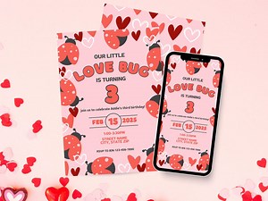 Love Bug Birthday Party Invitation, Valentines Day Theme Birthday Invite, Printable Bday Decor, February Girl Birthday, Editable Template - Etsy