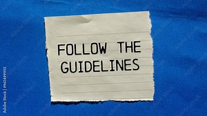 Follow the guidelines message writing on ripped torn paper piece on blue background. Conceptual follow the guidelines symbol.