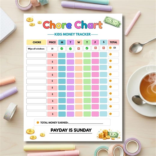 Kids Allowance Chart Printable, Earn Money Chore Chart for Kids, Responsibility Tracker, School Routine Reward Chart, Digital Download - Etsy Canada