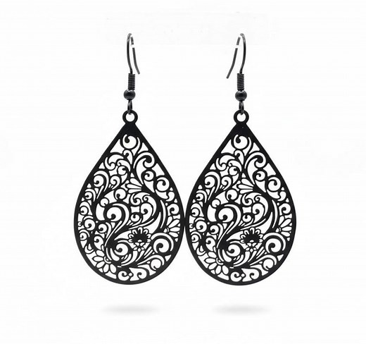Chic Black Teardrop Earrings With Delicate Filigree, Statement Lightweight Earrings - Etsy