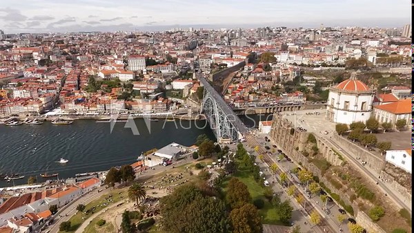 Aerial View of Porto City Portugal, Luis I Bridge, Serra do Pilar Monastery and Old Town Buildings From Morro Park