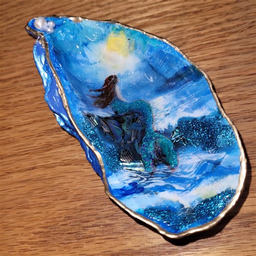 Hand-Painted Decoupaged Mermaid Oyster Shell Art with Abalone and Glitter (4.5 x 2 inch)