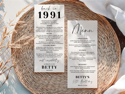 35th Birthday Menu Card, Back in 1991 Trivia Template, Editable 4x9 Dinner Party Decor - Etsy