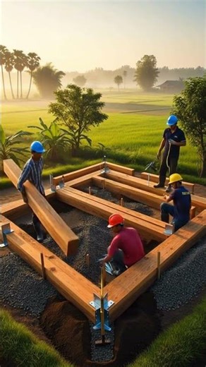 Construction Workers Building House Foundation and Frame