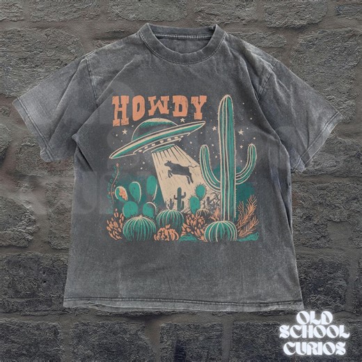 Howdy Western Cow UFO Tshirt, Vintage Cowboy Alien T-shirt, Vintage 90s Shirt, Washed Shirt, Vintage Disttressed Shirts, Vintage Alien Shirt - Etsy