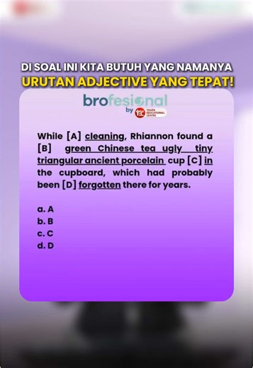 Masih sering bingung urutan adjective di TOEFL? Di pembahasan kali ini, kita akan kupas cara mengenali urutan adjective yang benar supaya kamu bisa lebih cepat menemukan jawabannya saat mengerjakan soal TOEFL. Yuk, pastikan kamu tidak kehilangan poin dari hal kecil seperti ini! 📌 Dari yang butuh tes resmi, sampai yang mau latihan dulu dari rumah, semuanya ADA! ✅ TOEFL ITP Official (ETS certified) ✅ EPOT – English Proficiency Online Test (prediksi TOEFL, murah & praktis!) ✅ Kelas Privat & Klasik