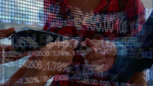 Customer handing card to cashier holding terminal, tapping, ticker overlay scrolling for payment