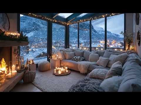 Warm Fireplace & Soft Piano Music Relaxing Holiday Ambience with Snowfall | Focus and Deep Sleep