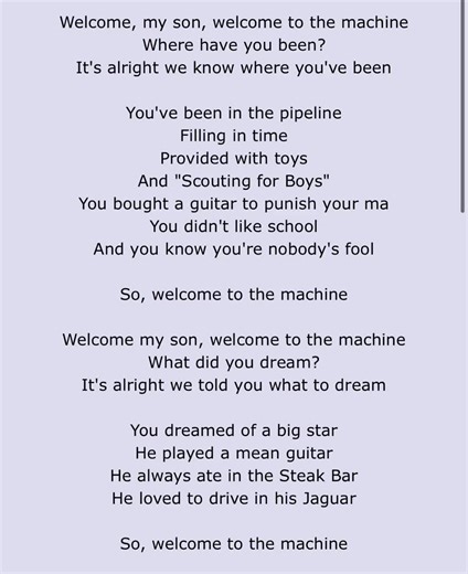 Day 11 of song lyrics. Pink Floyd “Welcome to the Machine” #pinkfloyd #welcometothemachine #timeistheonlyluxury