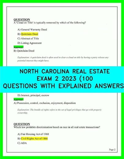 North Carolina Real Estate Exam 2 (100 Questions & Explained Answers) Updated 2026 Pass Guide
