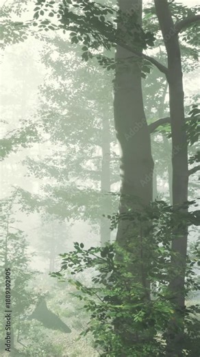 Backlit tall trunks with soft beams slicing through misty air, floor dust glowing and paths hinted between columns of timber mood evokes contemplative