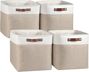 Univivi 4 PC 13 Inch Cube Storage Baskets with Hard Bottom for Shelves Foldable Storage Baskets for Closet Storage Clothes,Cube Storage Bin, Storage Basket with Handles for Organizing (Khaki)