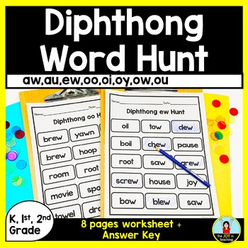 Diphthongs Word Search Worksheets for Kindergarten, 1st and 2nd Grade
