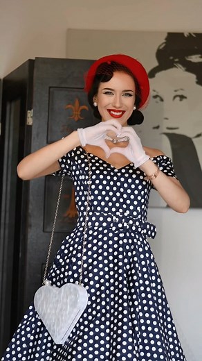 Style with gorgeous @barinovael our ‘Dee Dee’ navy polka dots dress 🫶 She is also wearing our red petticoat, pearl choker necklace and heart clutch bag, currently on sale 🤍 #50sstyle #50sfashion #retrostyle #vintageinspired #madeinuk | British Retro