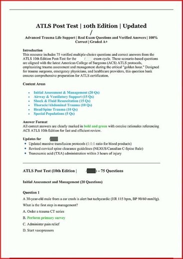 Atls Post Test 10Th Edition Updated 75 Verified Mcqs With 10update video