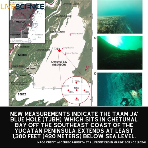 Scientists have yet to reach the bottom of the Taam Ja' Blue Hole in Mexico's Chetumal Bay, which new measurements hint could be connected to a labyrinth of submarine caves and tunnels. Learn more 👉 https://trib.al/IkAWjUM | LiveScience