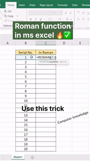 Roman function in ms excel 🔥✅ #shorts #excel #exceltips #exceltricks #youtube #algorithm #follow
