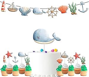 Nautical Party Decorations Set – 20 PCS Ocean Theme Supplies with Banner, 18 Cupcake Toppers & 1 Cake Topper – Whale, Anchor, Seashells, Lighthouse, Boat – Under the Sea Birthday Party Decor