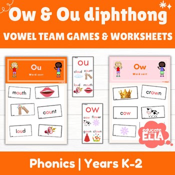 Diphthong Ow/Ou digraph Teams Phonics Games, Activities & Worksheets (editable)