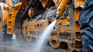 A worker using a pressure washer to clean the engine of a bulldozer removing dirt and debris to prevent potential breakdowns.