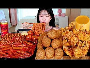 ASMR MUKBANG | Tteokbokki with Noodles, Crispy Chicken Tenders, Gravy Sauce, Cheese Balls.