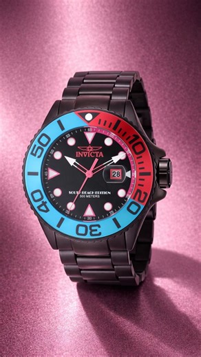 Invicta Grand Diver SOUTH BEACH 48614 is a full-on Miami color splash built on serious dive-watch muscle. ⌚ 52mm case in aluminum stainless steel with a 13.85mm profile 👾 Hot pink/blue/black case tone for South Beach energy ◾ Black metal dial for clean contrast and readability 🧭 Bezel in aluminum stainless steel for layered color depth 👑 Screw-down crown for a tighter, dive-ready seal 🌊 300m water resistance for serious dive capability ⏱️ TMI PC32 quartz movement for reliable timekeeping ✨ W