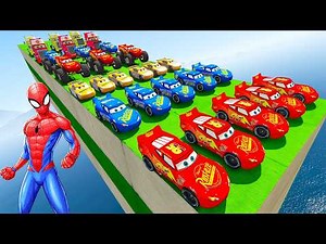 GTA V SPIDER-MAN & Pixar Cars McQueen vs Friends 🚗 Impossible Stunt Car Challenge on Mega Ramp