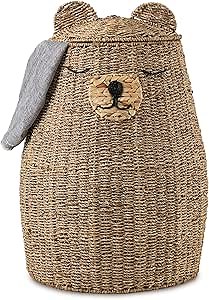 Bear Hamper Basket | Wicker Nursery Decor Laundry Storage Bin - Cute Baby Toy Box Room Organizer - Large Seagrass Woven Hamper - By MadeTerra