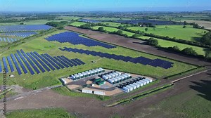 Battery Storage Packs and Solar Array for Green Power Aerial View