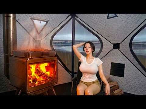 🔥Hot Tent Sauna Camping in the Rain☔ | Wave & Rain ASMR