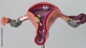 Mock reproductive female system on a white background. The concept of female diseases in gynecology, inflammatory process and cancer, copy space