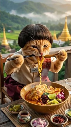 ข้าวซอยเชียงใหม่! 🍜😺 #แมวส้ม #บักเซียง #ข้าวซอย #ข้าวซอยไก่ #เชียงใหม่ #อาหารเหนือ #แมวกินโชว์
