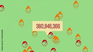 Animation of pictograms of human faces flying with numbers increasing on yellow speach bubbles