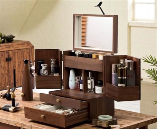 Handmade Walnut Makeup Organizer With Mirror | Vanity Storage Box, Jewelry Drawer - Etsy