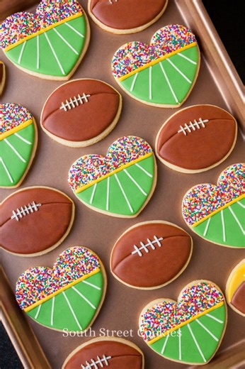 The Super Bowl is this Sunday! This is one of my favorite simple football themed cookie designs. #superbowl #cookiedecorating #royalicing #satisfying | South Street Cookies