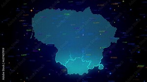 Futuristic Motion View Blue Colorful Shiny Digital Technology Dots Mosaic Grid Lithuania Map Separate Regions Light Scanning With Numeric Tech Particles, Seamless Loop