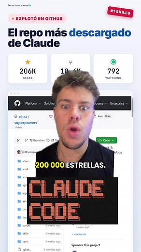 ⚡ El repo de Claude con 200 MIL estrellas en GitHub que casi nadie te muestra en español. Y lo más loco 👇 Está en el marketplace OFICIAL de Anthropic. Los mismos que crearon Claude lo aprobaron. 🧠 Te da la metodología completa de un ingeniero senior: → Pensar la idea → Planearla → Construirla → Probarla → Revisarla 🎁 Extras: ✅ Multi-agente ✅ TDD real ✅ Git Worktree (laburás en paralelo sin romper nada) 📲 Funciona en Claude, Cursor y Codex. 🔥 Se instala en 10 segundos con UN comando. 📩 Come