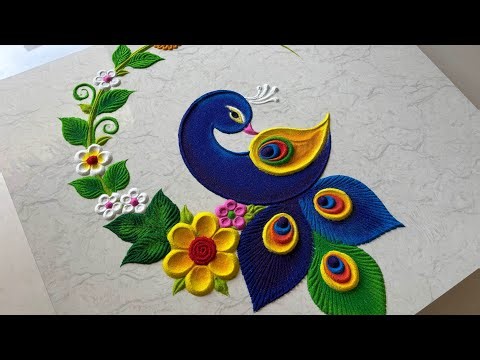 Simple and easy peacock rangoli design/ flower rangoli designs/ peacock kolam