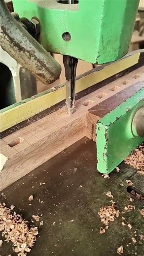 Drilling Precise Square Holes in a Wooden Beam Using a Hollow Chisel Mortiser