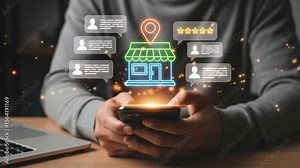 Local business reviews and customer feedback system on mobile device, showcasing star ratings for small businesses. Digital marketing, local SEO, Consumer experience in online business reviews Stock Video